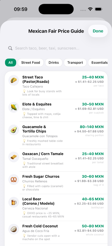 PesoDollar Mexican Fair Price Guide Screen